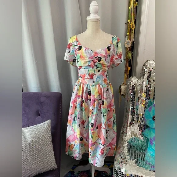 ❌SOLD❌UNIQUE VINTAGE MODCLOTH XL PARROT TROPICAL BIRD SWING DRESS SWEETHEART - Picture 2 of 9